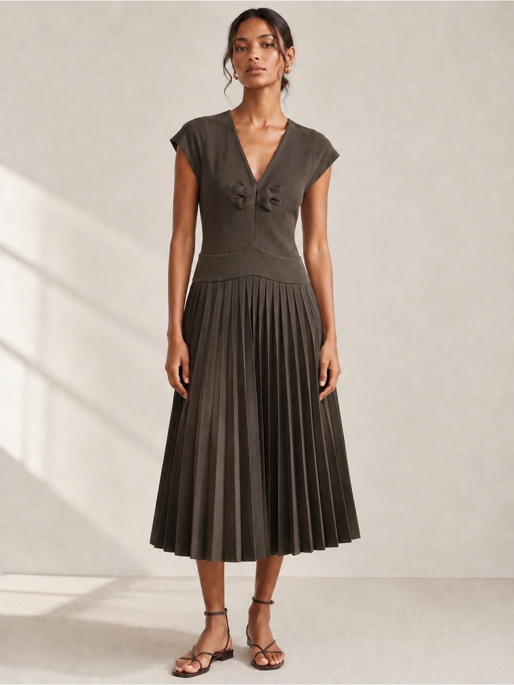 Banana Republic Wool Blend Pleated Drop Waist Midi Dress Brown Size S